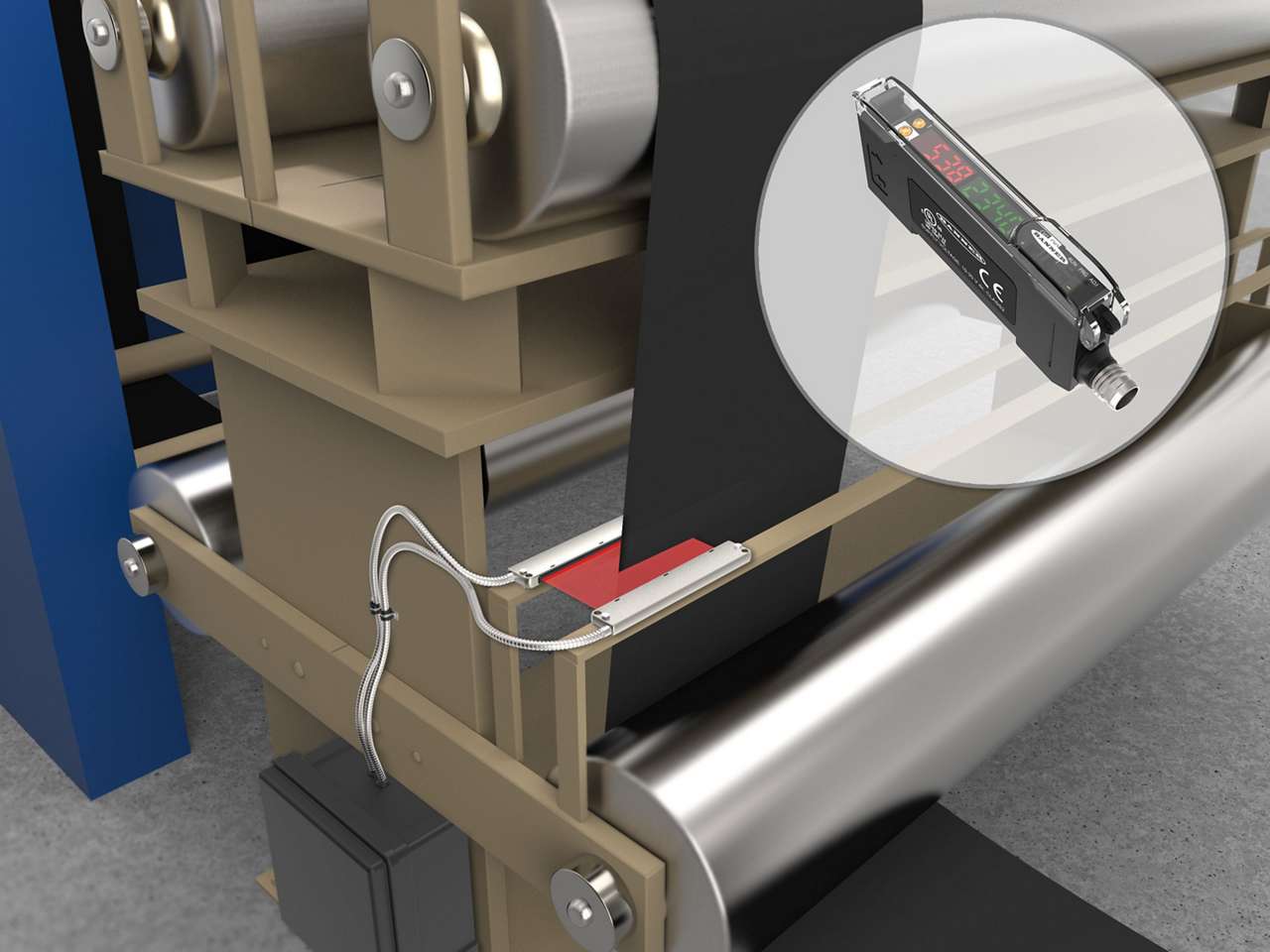 A fiber optic array detects the edge of a film in battery assembly