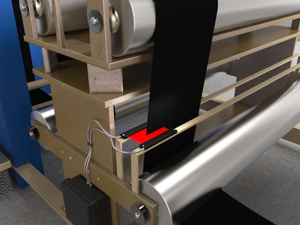 A fiber optic array detects the edge of a film in battery assembly