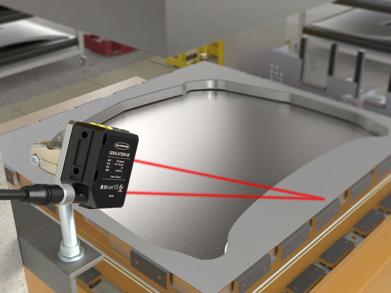 laser sensor verifies that a metal sheet is indexed on a stamping press