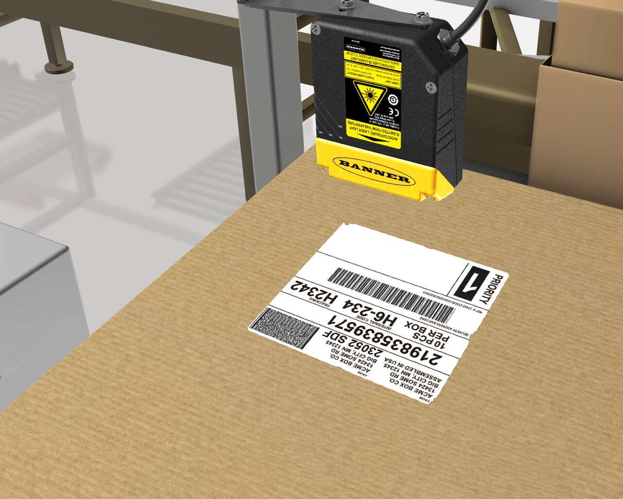 barcode reader scans a code on a box