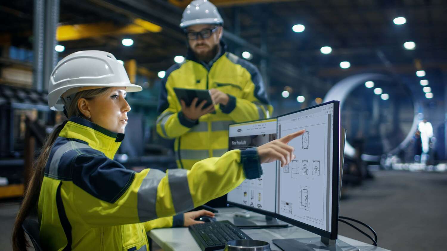 female engineer on computer and male engineer on tablet